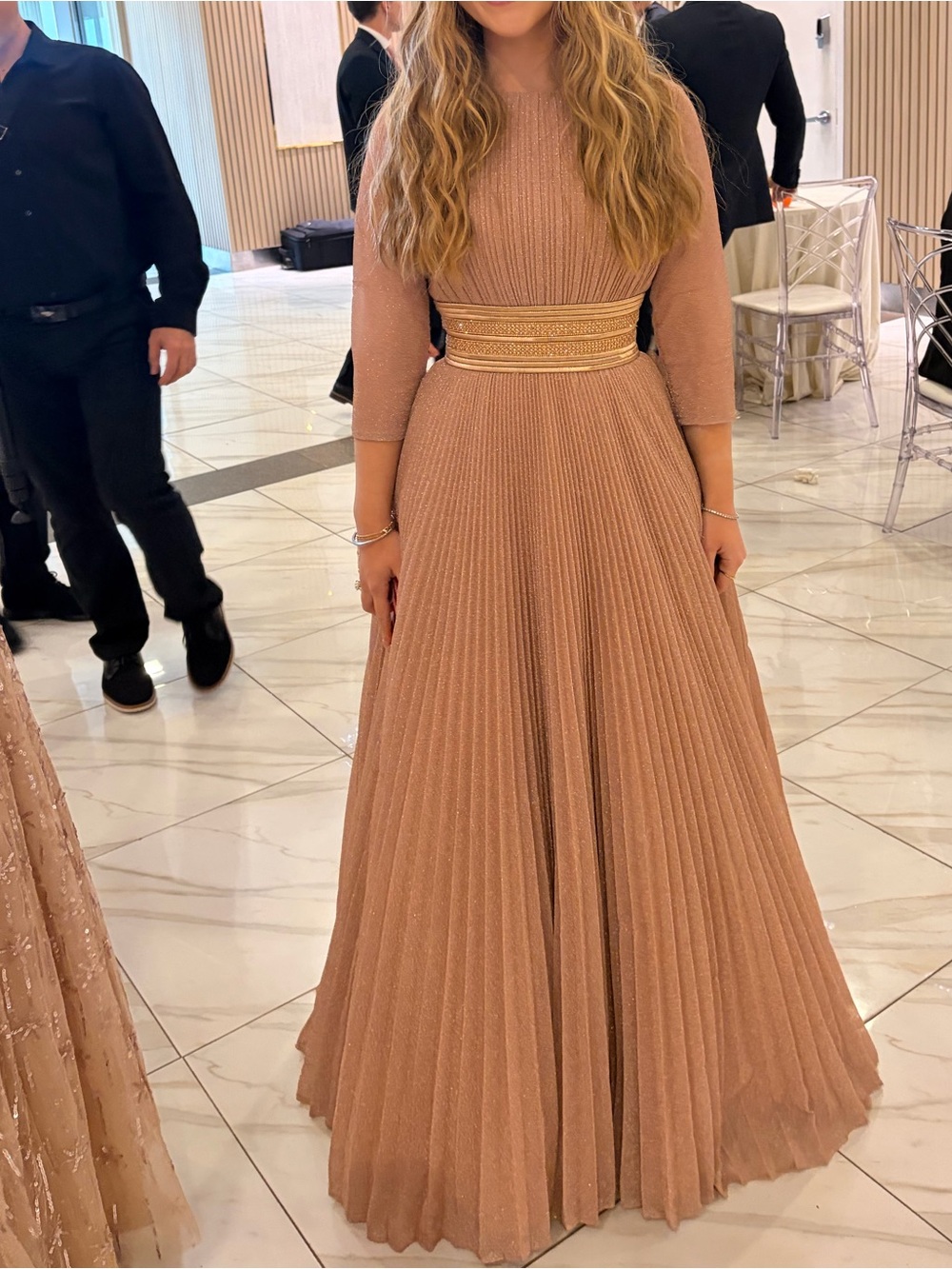 Mac Duggal Blush-Pink Pleated Long Sleeve Evening Gown